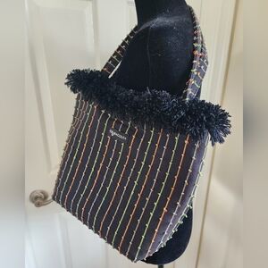 My Bagolita Woven Black Handbag With Colorful Striped Lining, Excellent